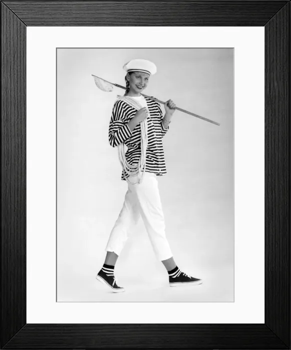 Framed Print : Fashion - Trousers set sail on the nautical look with short cropped white leggings