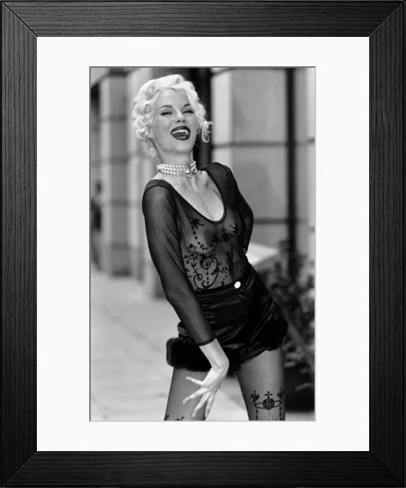 Framed Print : Clothing: Stockings and tights. Sheer blouse and shorts with patterned tights Framed Print : Clothing: Stockings and tights. Sheer blouse and shorts with patterned tights