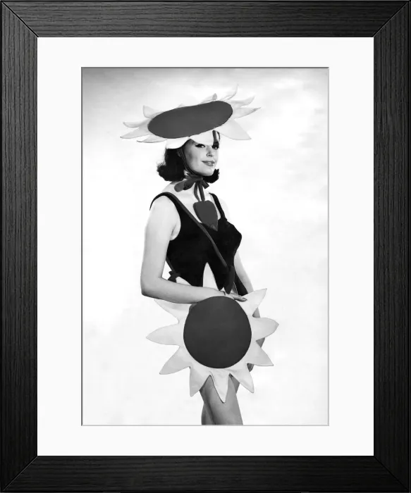 Framed Print : Clothing Beachwear. Sun hat and matching bag in a sunflower design