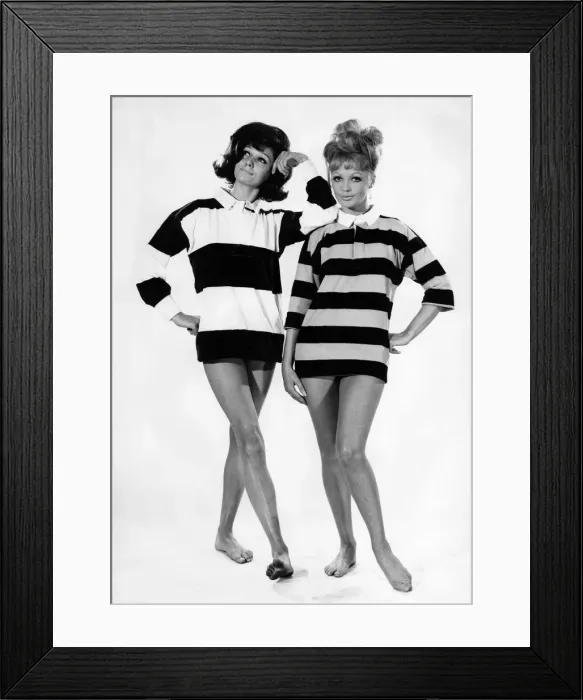 Framed Print : Clothing 1963. Women model two types of striped rugby shirt. August 1963 P017984 Framed Print : Clothing 1963. Women model two types of striped rugby shirt. August 1963 P017984