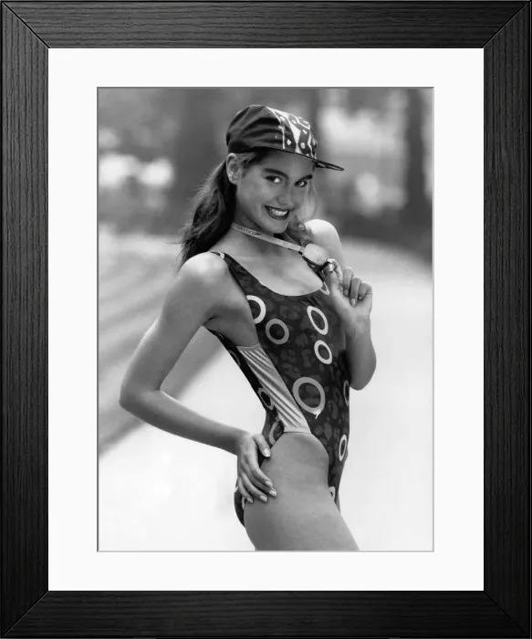 Framed Print : Clothing - Beach 1989. Model wears baseball cap, swimming costume