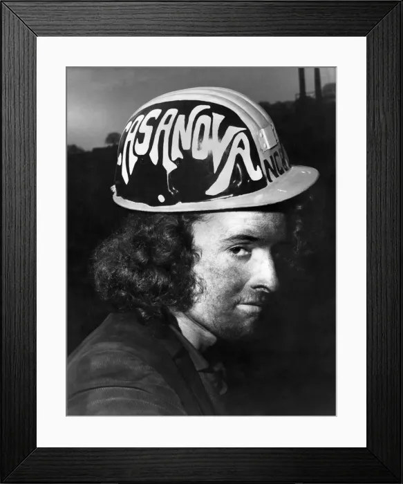 Framed Print : A coal miner with a specially designed helmet. December 1971 P018203 Framed Print : A coal miner with a specially designed helmet. December 1971 P018203