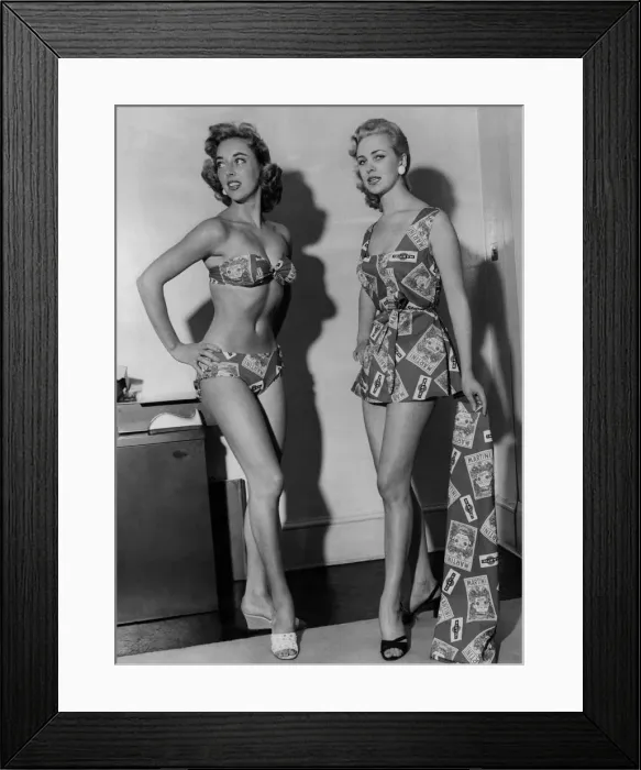 Framed Print : Clothing Fashion Beachwear. Model number 1271 bikini and play jacket with skirt in cotton Framed Print : Clothing Fashion Beachwear. Model number 1271 bikini and play jacket with skirt in cotton