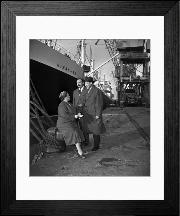 Framed Print : Y2K Hugh Gaitskell MP 1958 chats with Bessie Braddock MP sitting on bollard Liverpool in Framed Print : Y2K Hugh Gaitskell MP 1958 chats with Bessie Braddock MP sitting on bollard Liverpool in
