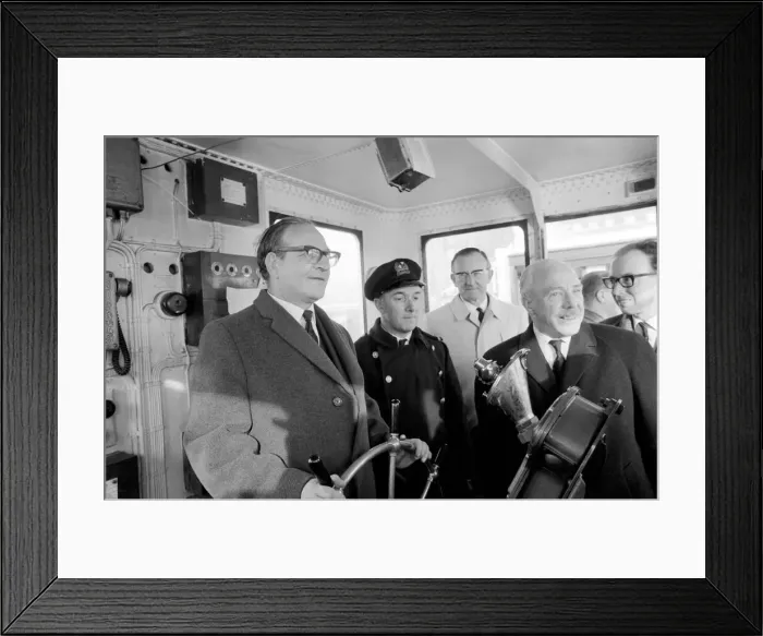 Framed Print : Fred Mulley, Minister of Transport, steered the ferry across the Mersey from Liverpool to Framed Print : Fred Mulley, Minister of Transport, steered the ferry across the Mersey from Liverpool to