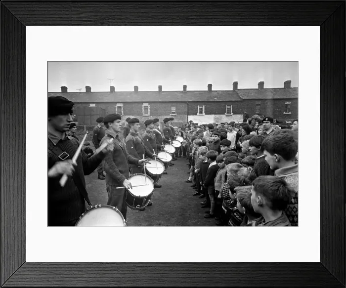 Framed Print : Army band play for children of reopening of Island street. Playground - Belfast
