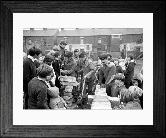 Framed Print : Army band play for children of reopening of Island street. Playground - Belfast Framed Print : Army band play for children of reopening of Island street. Playground - Belfast