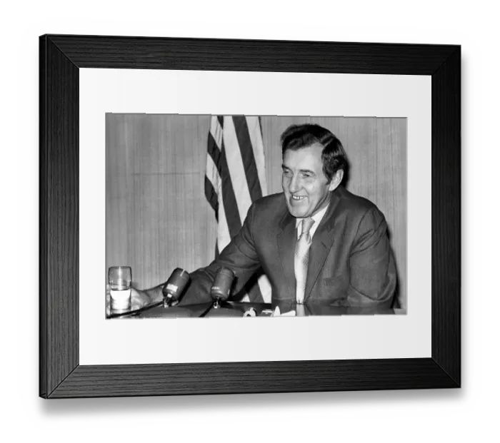 Framed Print : Senator Edmund Muskie answers questions at his London press conference