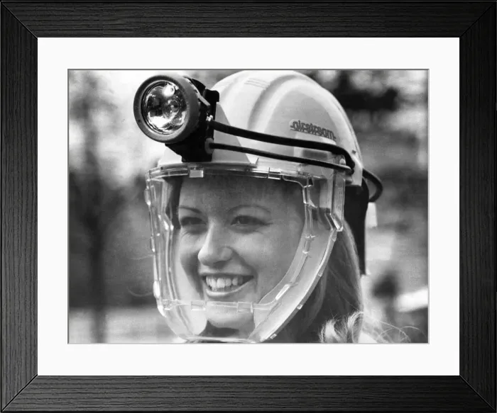Framed Print : Modelling this Space Age'Helmet for Britains Coal Miners is Britain Framed Print : Modelling this Space Age'Helmet for Britains Coal Miners is Britain