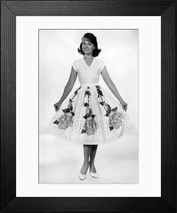 Framed Print : Woman wearing top and long patterned skirt. July 1959 P018024 Framed Print : Woman wearing top and long patterned skirt. July 1959 P018024