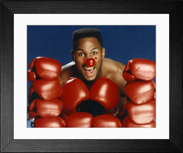 Framed Print : Comic relief. Lennox Lewis. Red nose day. March 1991 P017764 Framed Print : Comic relief. Lennox Lewis. Red nose day. March 1991 P017764