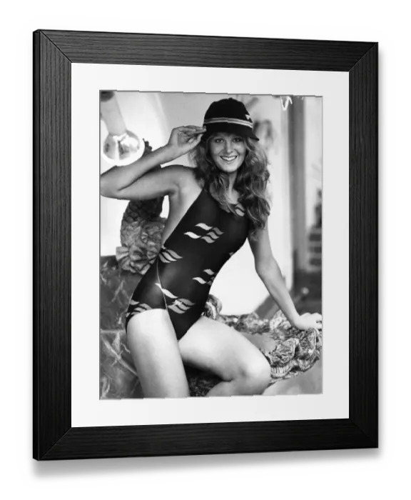 Framed Print : Woman wearing one piece swimsuit and hat September 1982 P017664 Framed Print : Woman wearing one piece swimsuit and hat September 1982 P017664