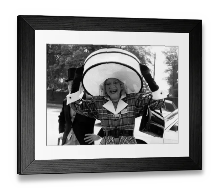 Framed Print : Gertrude Shilling wearing an outrageous hat for the Royal Ascot races Framed Print : Gertrude Shilling wearing an outrageous hat for the Royal Ascot races