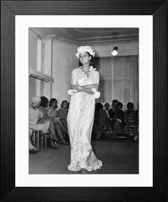 Framed Print : Fashion 1960s. The moll flanders look. All demure and frilled up to the eyebrows