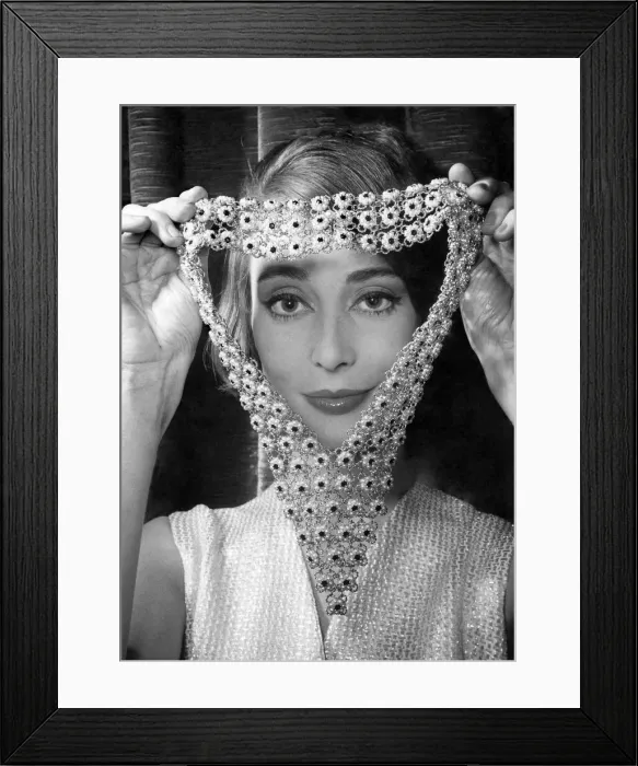 Framed Print : Fashion 1960s. A bib necklace. As a frame for a face like model Brenda Harper Framed Print : Fashion 1960s. A bib necklace. As a frame for a face like model Brenda Harper