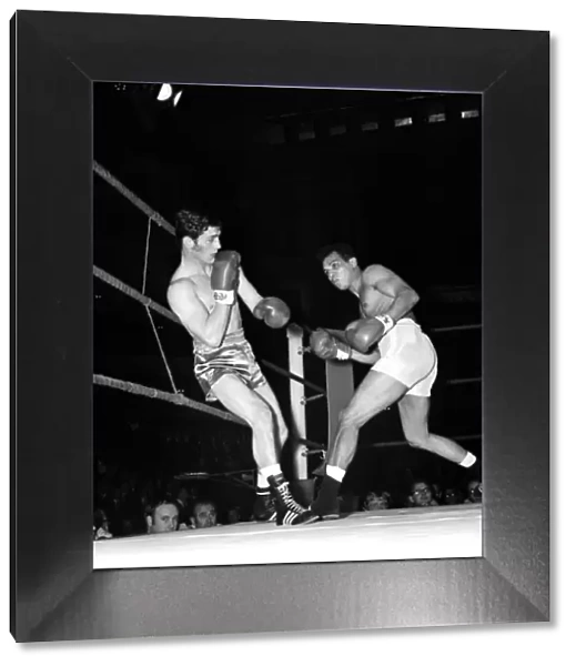 Sport Boxing. Featherweight Fight. Johnny Famechon in action against Miguel Hemera