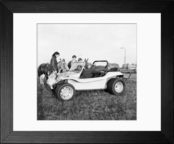 Framed Print : Transport. Motor cars. The new GP Bugle Buggy, an open roadster with a tough fibreglass Framed Print : Transport. Motor cars. The new GP Bugle Buggy, an open roadster with a tough fibreglass