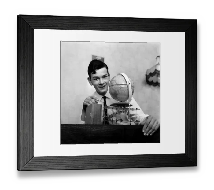 Framed Print : Youth. Teenager. Inventions. 16-year-old Geoffrey Jones with the revolving globe clock Framed Print : Youth. Teenager. Inventions. 16-year-old Geoffrey Jones with the revolving globe clock