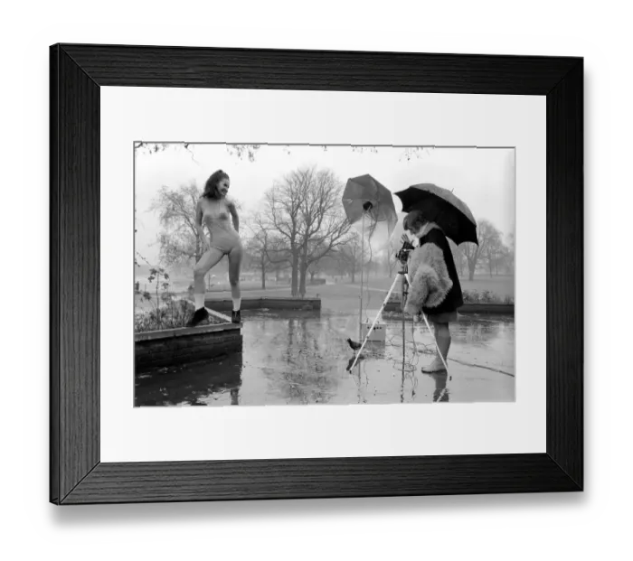 Framed Print : Swimming costume. Model Marion Proffitt wearing a Turquoise Lycra one-piece swimsuit cut