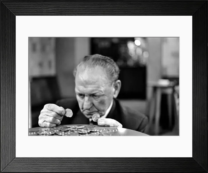 Framed Print : Elderly man studying a new fifty pence close up. November 1969 Z11025-004 Framed Print : Elderly man studying a new fifty pence close up. November 1969 Z11025-004