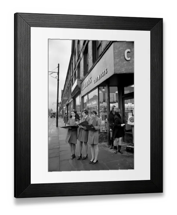 Framed Print : School girls near Liverpools Sefton Park out on an urban trip as part of their Framed Print : School girls near Liverpools Sefton Park out on an urban trip as part of their