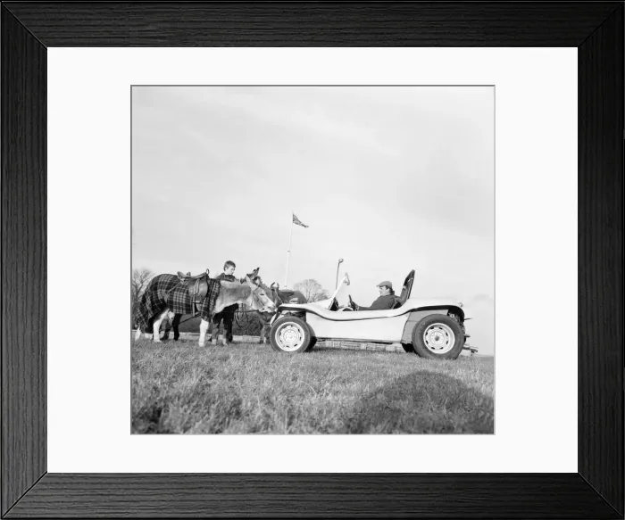 Framed Print : Transport. Motor cars. The new GP Bugle Buggy, an open roadster with a tough fibreglass Framed Print : Transport. Motor cars. The new GP Bugle Buggy, an open roadster with a tough fibreglass