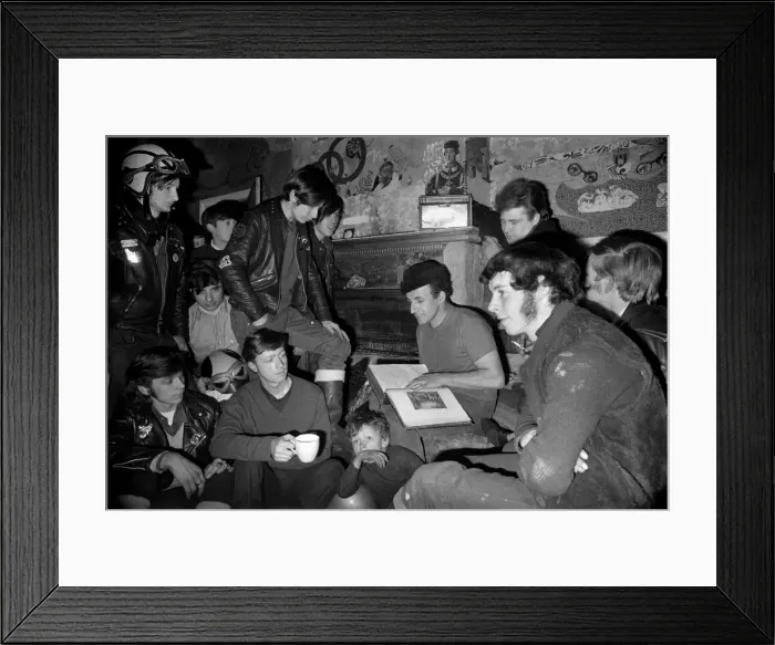 Framed Print : Mr. Ted Wood of Birch, near Manchester reads the Bible to Hell Angels Club during a