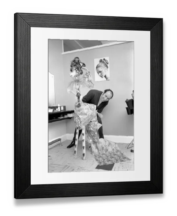 Framed Print : Mr. David Riche the hairdresser has designed a 4ft giraffe that can hold five wigs or top Framed Print : Mr. David Riche the hairdresser has designed a 4ft giraffe that can hold five wigs or top