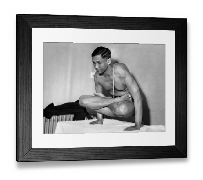 Framed Print : Dr. Mukerji demonstrates a Yoga posture for strengthening the muscles of the abdomen Framed Print : Dr. Mukerji demonstrates a Yoga posture for strengthening the muscles of the abdomen