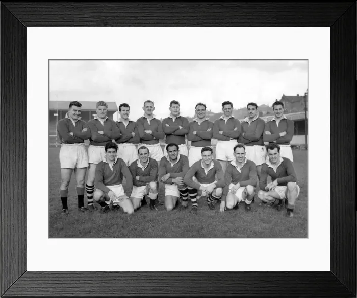 Framed Print : Group pic of Wigan players before training in their cup strip of plain red jerseys Framed Print : Group pic of Wigan players before training in their cup strip of plain red jerseys