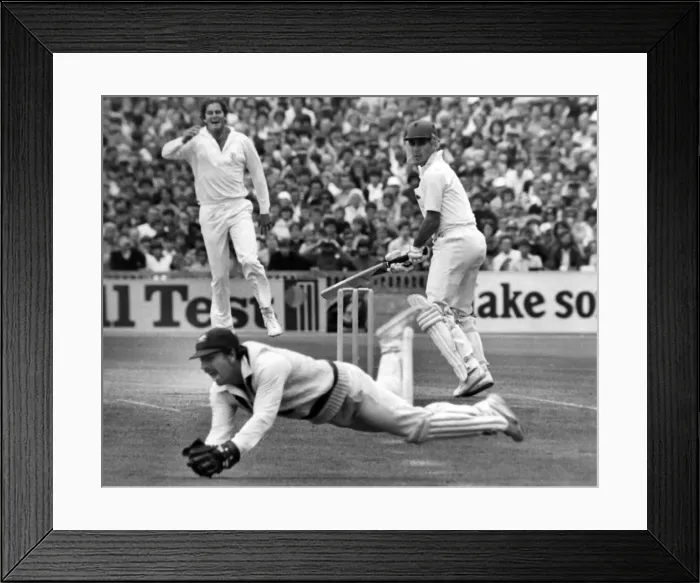 Framed Print : Down and out Rodney Marsh makes a diving catch to end Mike Brearleys short innings Framed Print : Down and out Rodney Marsh makes a diving catch to end Mike Brearleys short innings