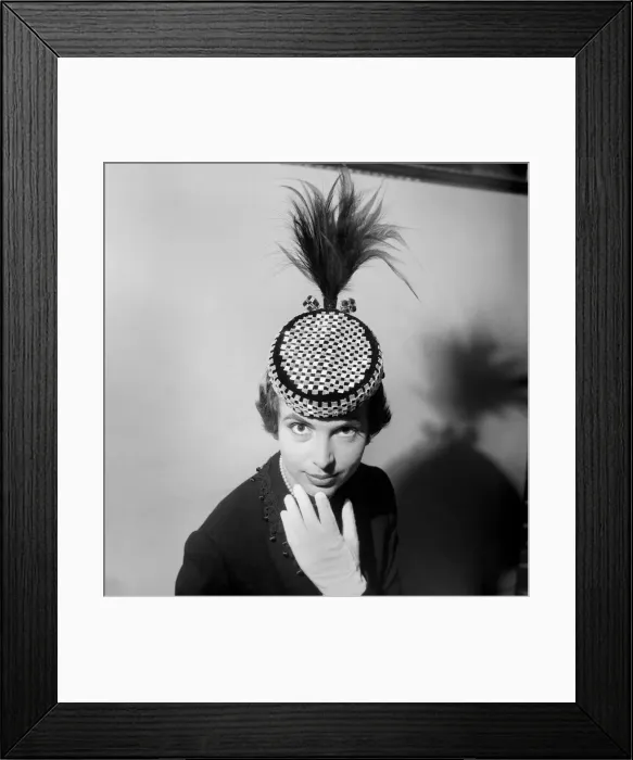 Framed Print : A black and white check board pill box hat with osprey trimmings worn by Marla Scarafia