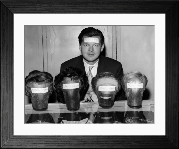 Framed Print : Benny Hill seen here with a selection of wigs. February 1959 P011505 Framed Print : Benny Hill seen here with a selection of wigs. February 1959 P011505