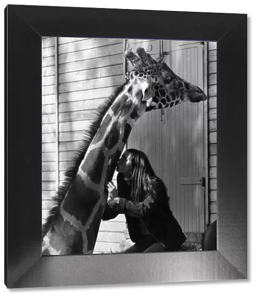 Woman gives the big giraffe a kiss on the neck. September 1977 P011754