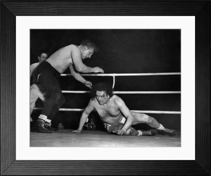 Framed Print : Wrestling match at Harringay. Jack Doyle in white trunks in action against Eddie Phillips Framed Print : Wrestling match at Harringay. Jack Doyle in white trunks in action against Eddie Phillips