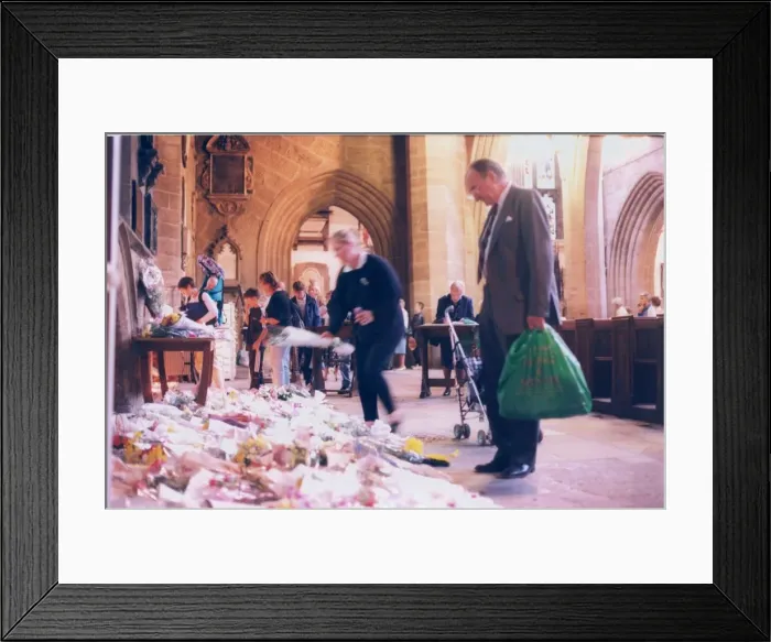 Framed Print : Rememberance of Princess Diana the Princess of Wales. Flowers are layed in Framed Print : Rememberance of Princess Diana the Princess of Wales. Flowers are layed in