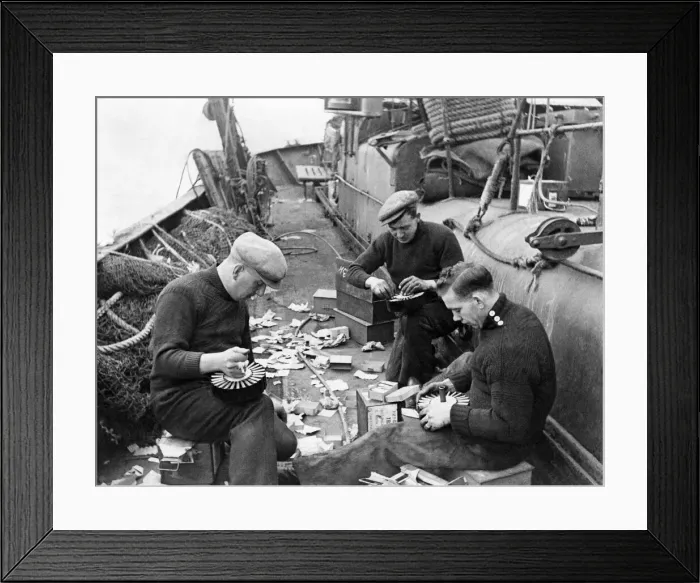 Framed Print : Trawlermen Gunner Liston, (Right) Jamieson (Left) and Steel, aboard the North Sea trawler Framed Print : Trawlermen Gunner Liston, (Right) Jamieson (Left) and Steel, aboard the North Sea trawler