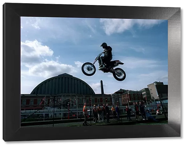 Eddie Kidd Stuntman practices his motorcyling jump skills DBase