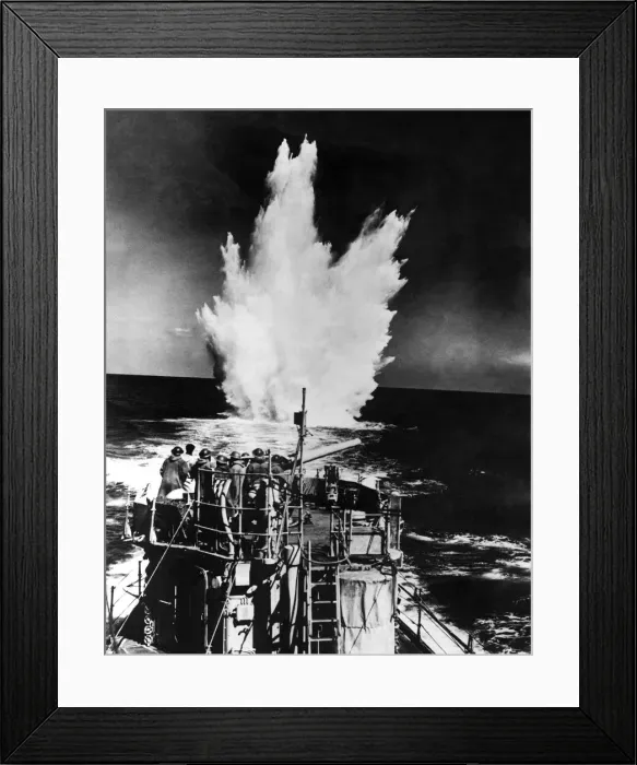 Framed Print : World War Two, Royal Navy destroyer drops depth charges on a German U-boat, April 1942 Framed Print : World War Two, Royal Navy destroyer drops depth charges on a German U-boat, April 1942