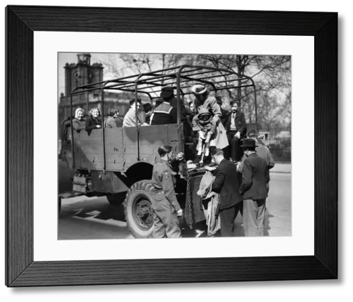 Framed Print : Bus Strike. Bethnal Green army lorries take workers and schoochildren to Hackney Framed Print : Bus Strike. Bethnal Green army lorries take workers and schoochildren to Hackney
