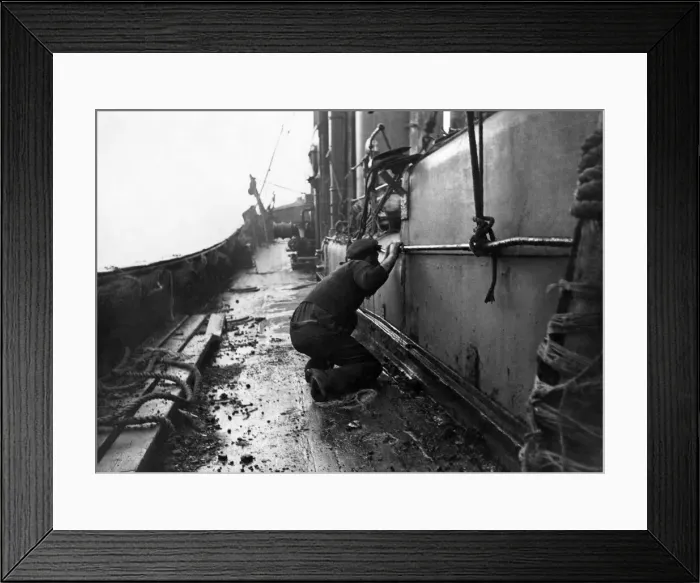 Framed Print : North Sea trawlerman takes cover as a German Heinkel 111 strafes the trawler Star of Framed Print : North Sea trawlerman takes cover as a German Heinkel 111 strafes the trawler Star of