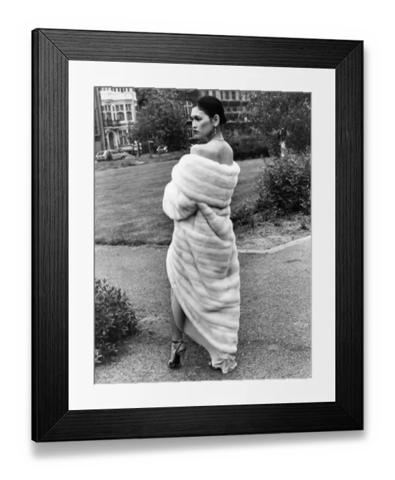 Framed Print : Model Julie wearing a ravishing decolte tulip shaped evening coat in white saga mink