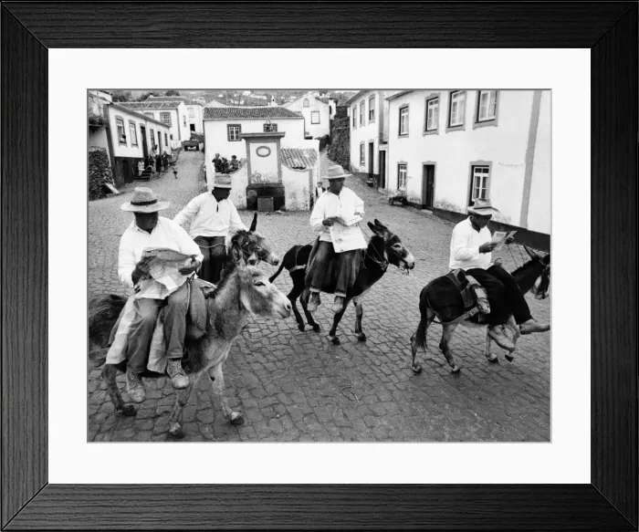 Framed Print : Transportation problem solved in the Azores, men travelling around on donkeys Framed Print : Transportation problem solved in the Azores, men travelling around on donkeys