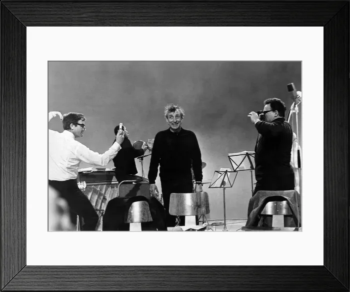 Framed Print : Spike Milligan, Peter Sellers, and Harry Secombe have a mock duel with cameras during a