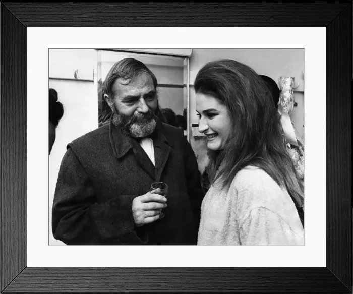 Framed Print : James Mason and daughter Portland at Vaudeville Theatre. November 1967 P011542 Framed Print : James Mason and daughter Portland at Vaudeville Theatre. November 1967 P011542