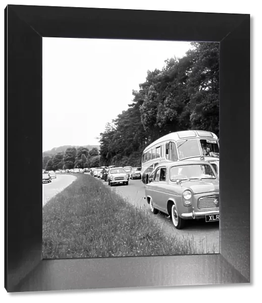 Traffic 1960. Homeward bound traffic on the Worthing-London road at Washington was slowed