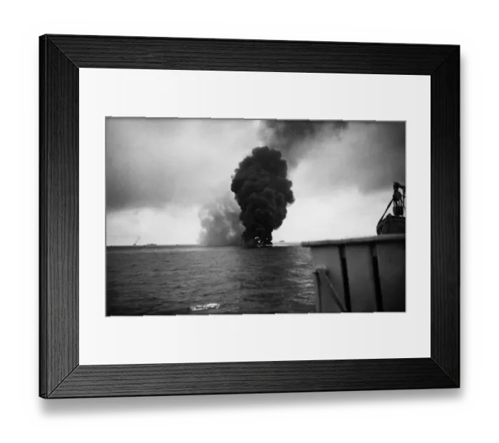 Framed Print : World War II: Shipping A Oil tanker a blaze after being torpedoed by a German U-boat in