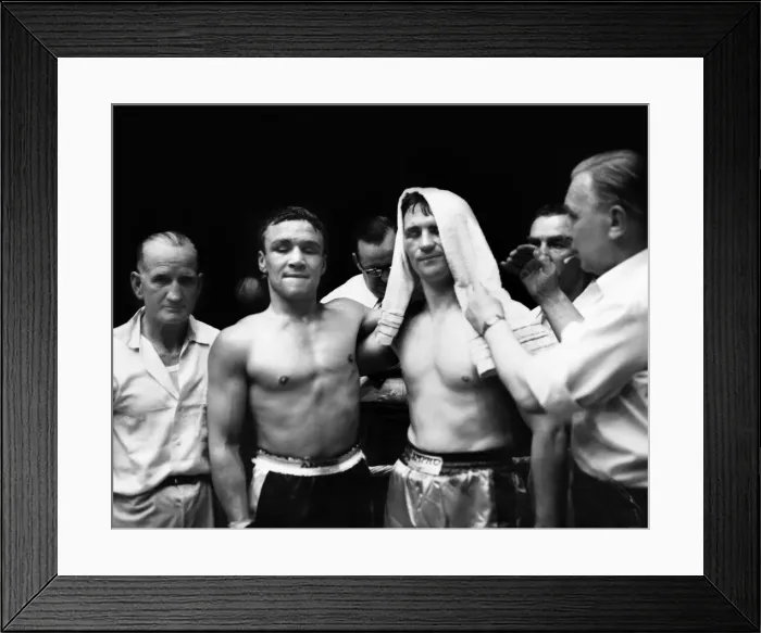 Framed Print : Dave Charnley v Jummy Croll. Jimmy Crolls cut eye is covered as he poses with Dave