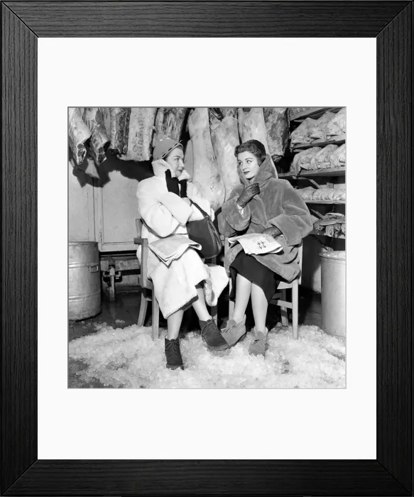 Framed Print : Two models sat in a cold room to test a new fur fabric (see left) at a London Hotel