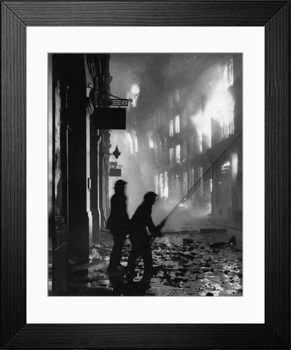 Framed Print : World War Two. London Fire Service fighting a burning building after a bombing raid by Framed Print : World War Two. London Fire Service fighting a burning building after a bombing raid by